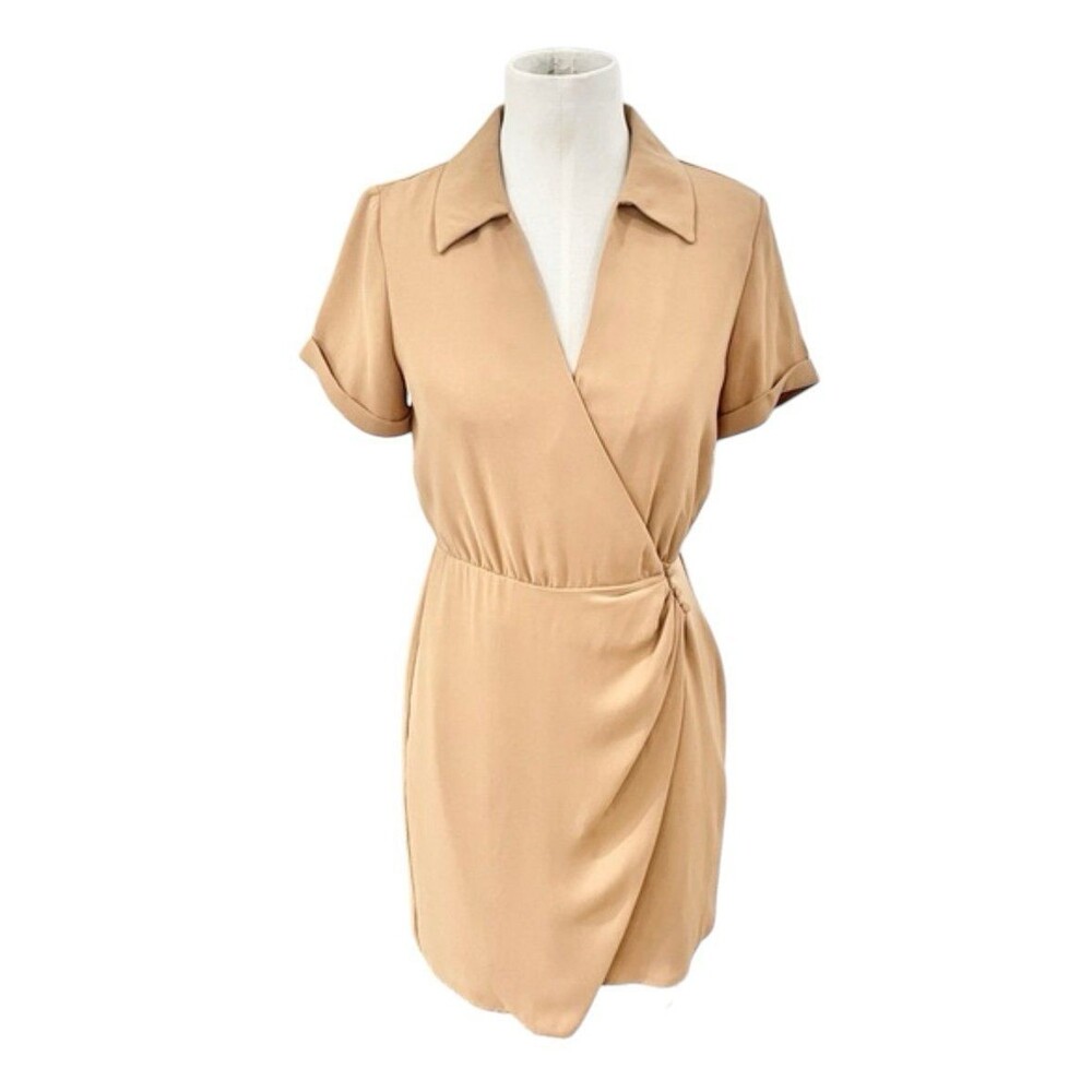 NWT Women's Nine West Surplice Shirt wrap Dress short sleeve v neck tan sz XL